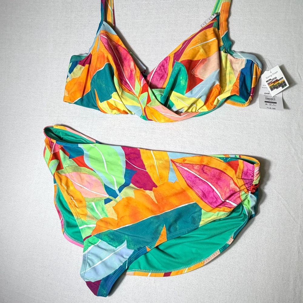 Time and Tru Tropical Plus Size Bikini Set 3X NWT Colorful High Waisted Swimwear